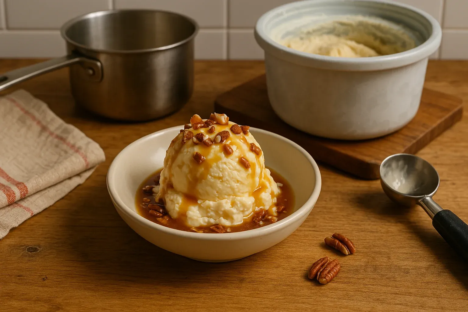 Vanilla ice cream topped with caramel sauce and pecans in a bowl, with a scoop, pot, and container of ice cream in the background.