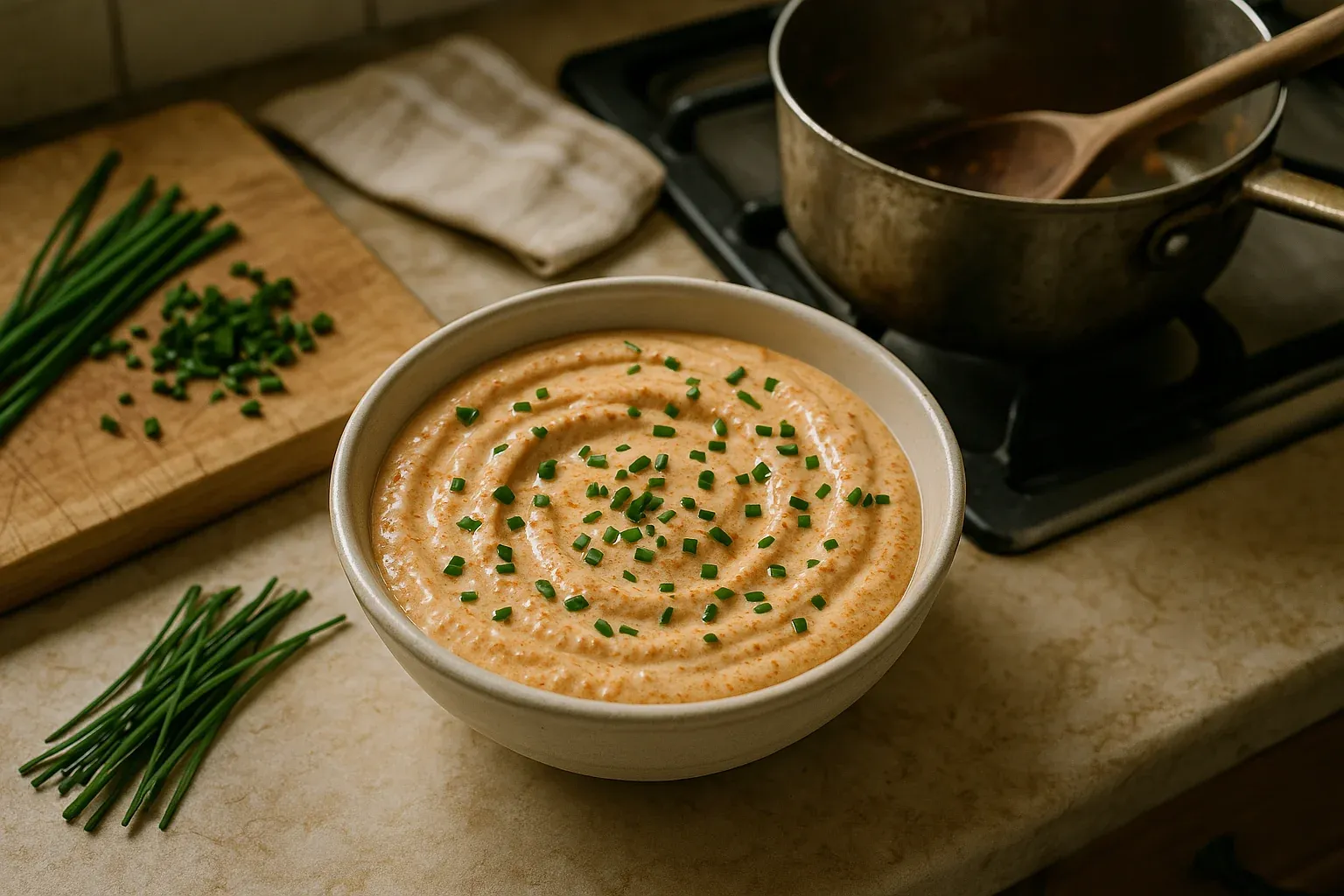 Creamy mashed potatoes topped with chopped chives, with fresh chives on a cutting board and a saucepan in the background.