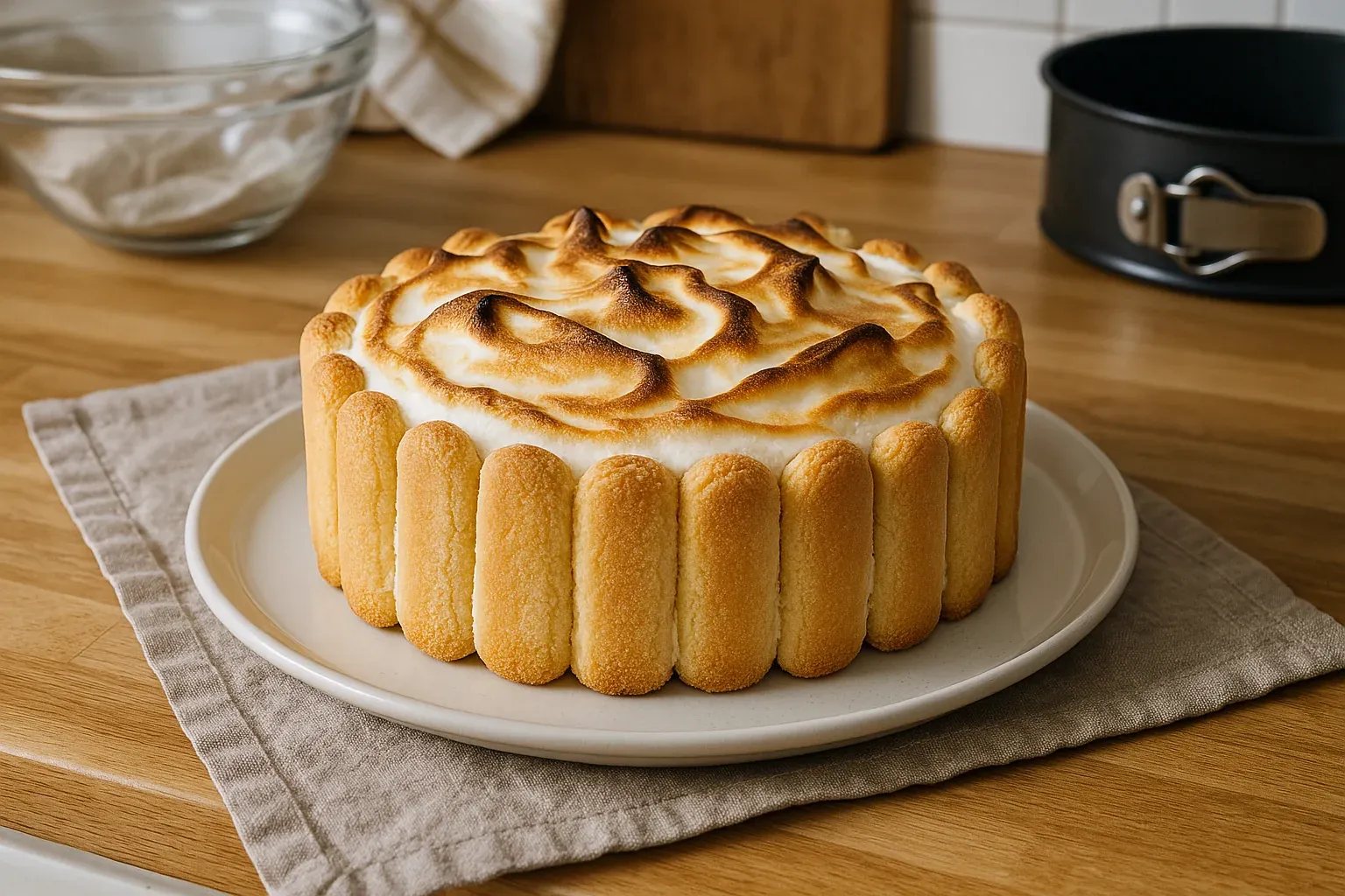 Golden brown meringue-topped cake with ladyfingers around the edge, displayed on a white plate on a wooden countertop.