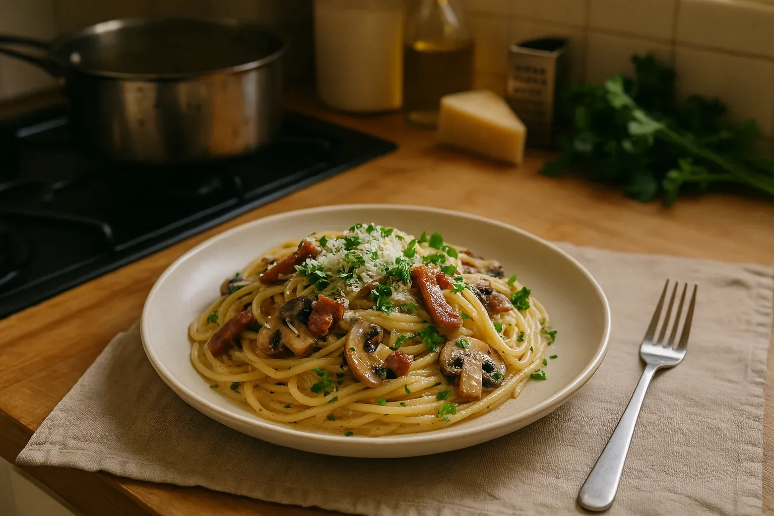 Creamy pasta topped with mushrooms, bacon, parsley, and grated cheese, served on a white plate with a fork on the side.