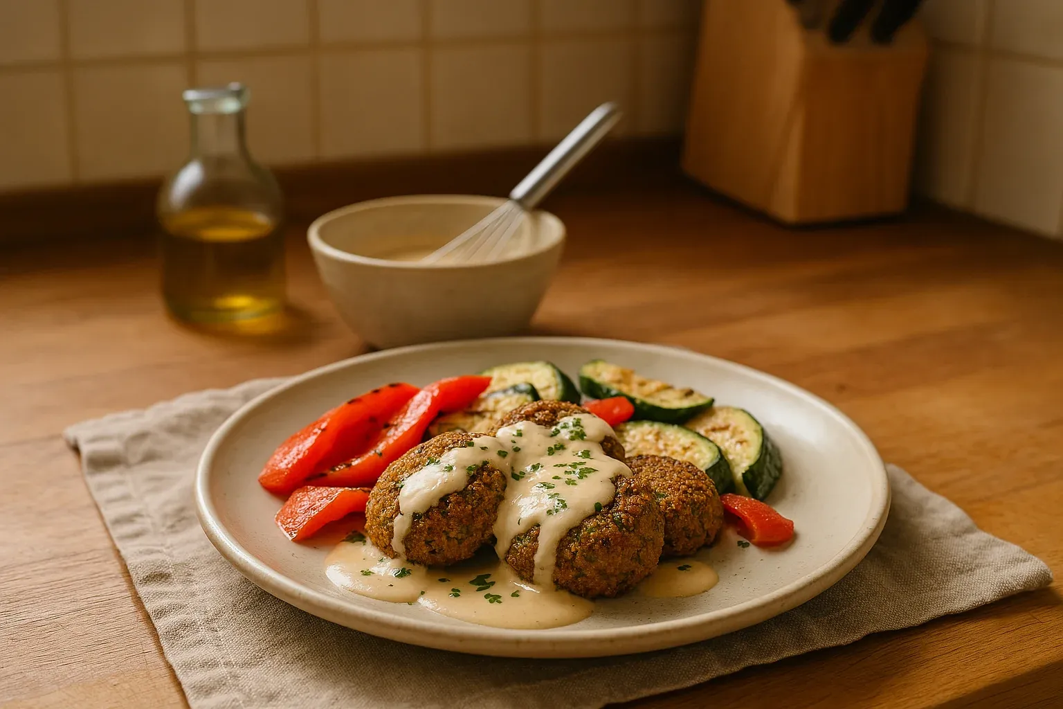 Plate of falafel with creamy sauce, grilled zucchini, and red bell pepper slices on a cloth napkin, with oil and whisk in background.