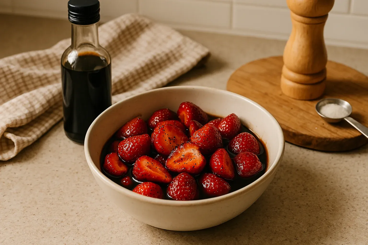 Strawberries marinated in balsamic vinegar, served in a white bowl with a bottle of vinegar, a wooden pepper grinder, and a spoon of sugar nearby.