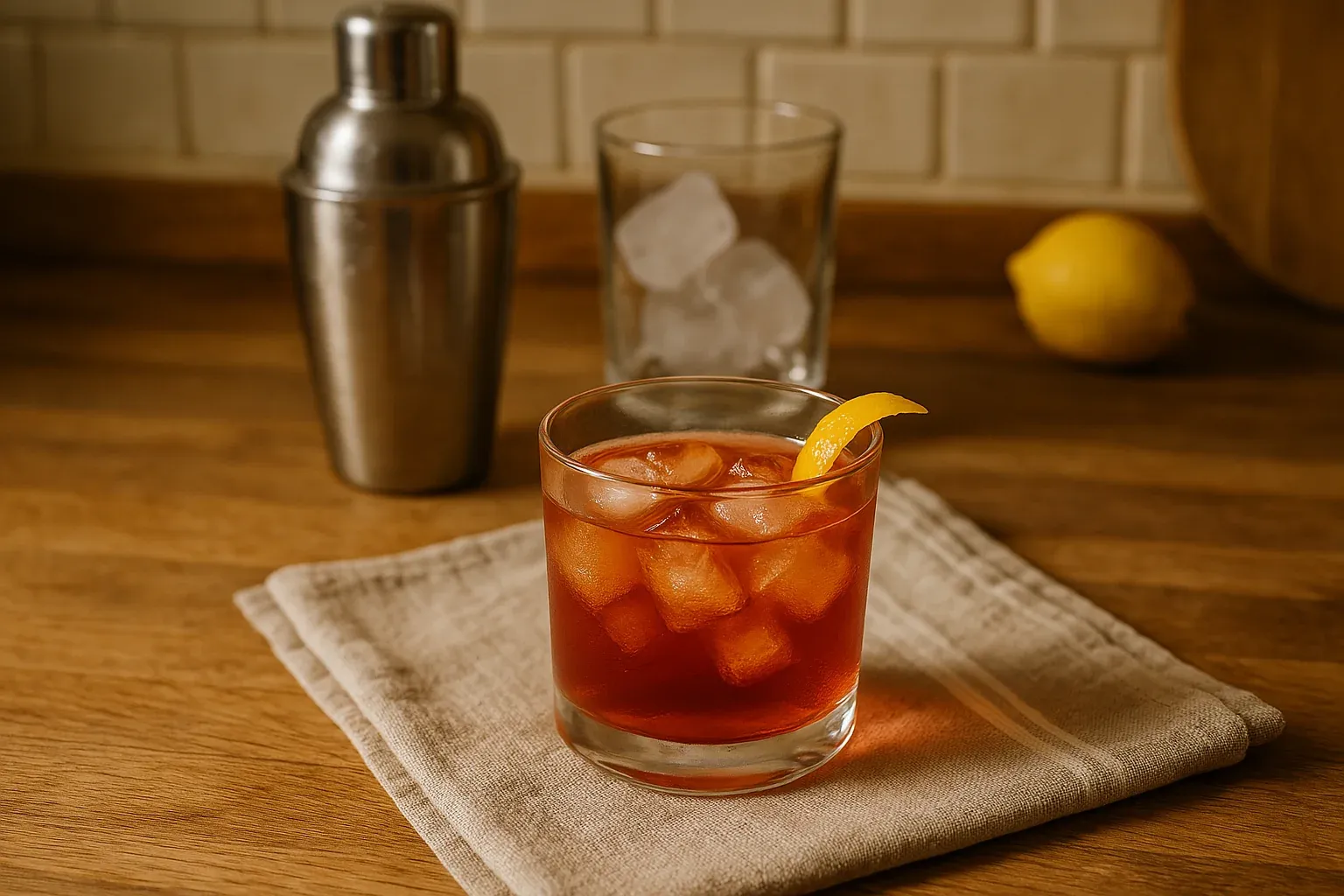 A Negroni cocktail garnished with a lemon twist, sitting on a cloth napkin with a cocktail shaker, ice-filled glass, and lemon in the background.
