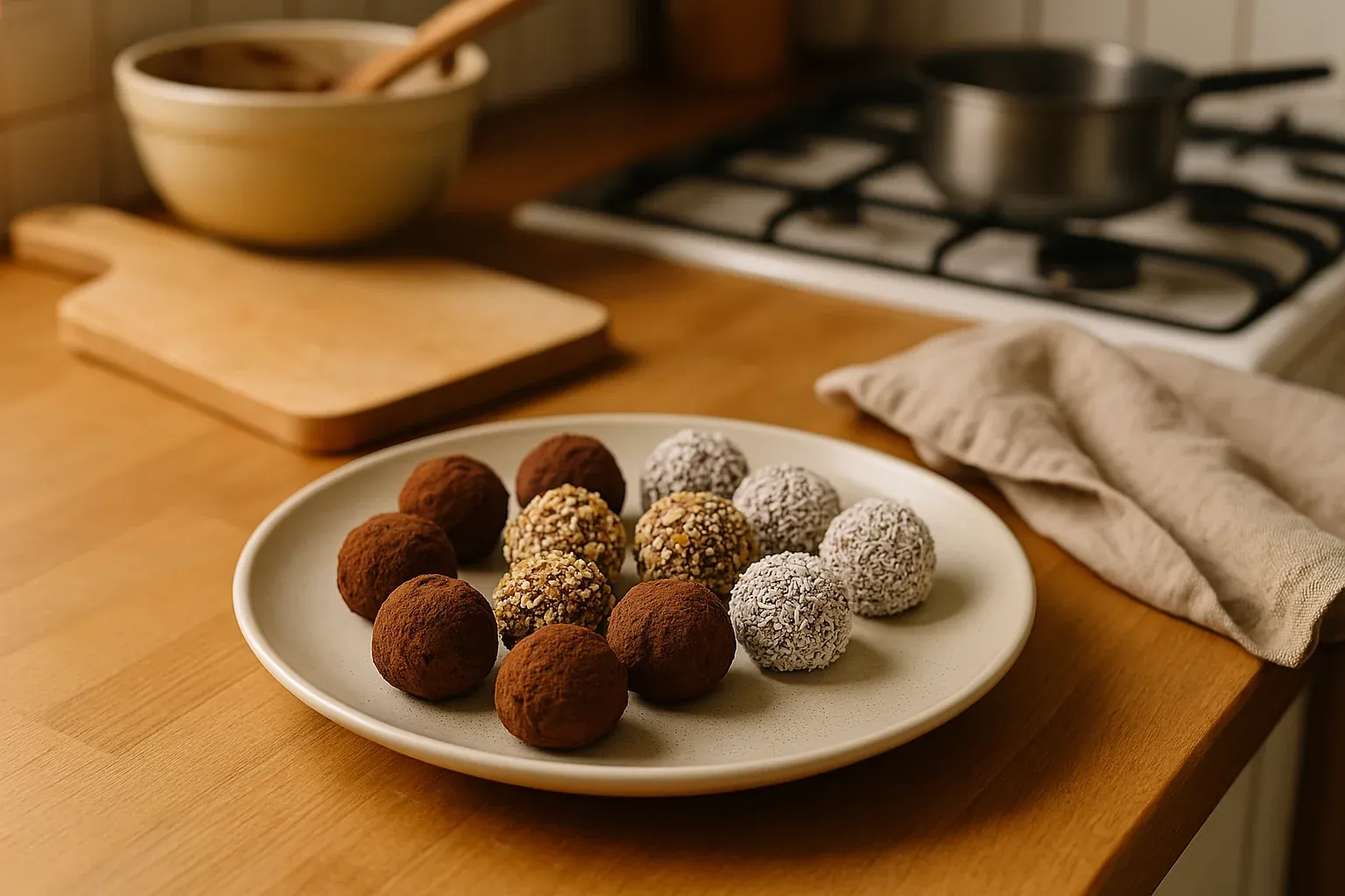 Assorted chocolate truffles, coated in cocoa powder, nuts, and coconut, displayed on a plate in a cozy kitchen setting.