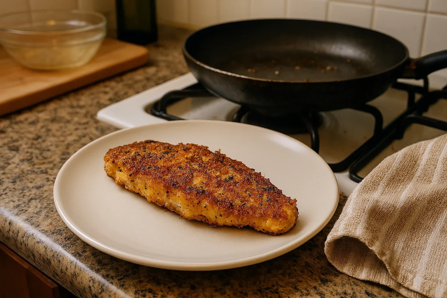 Crispy golden-brown breaded chicken fillet on a plate, freshly cooked in a frying pan on a kitchen stove.