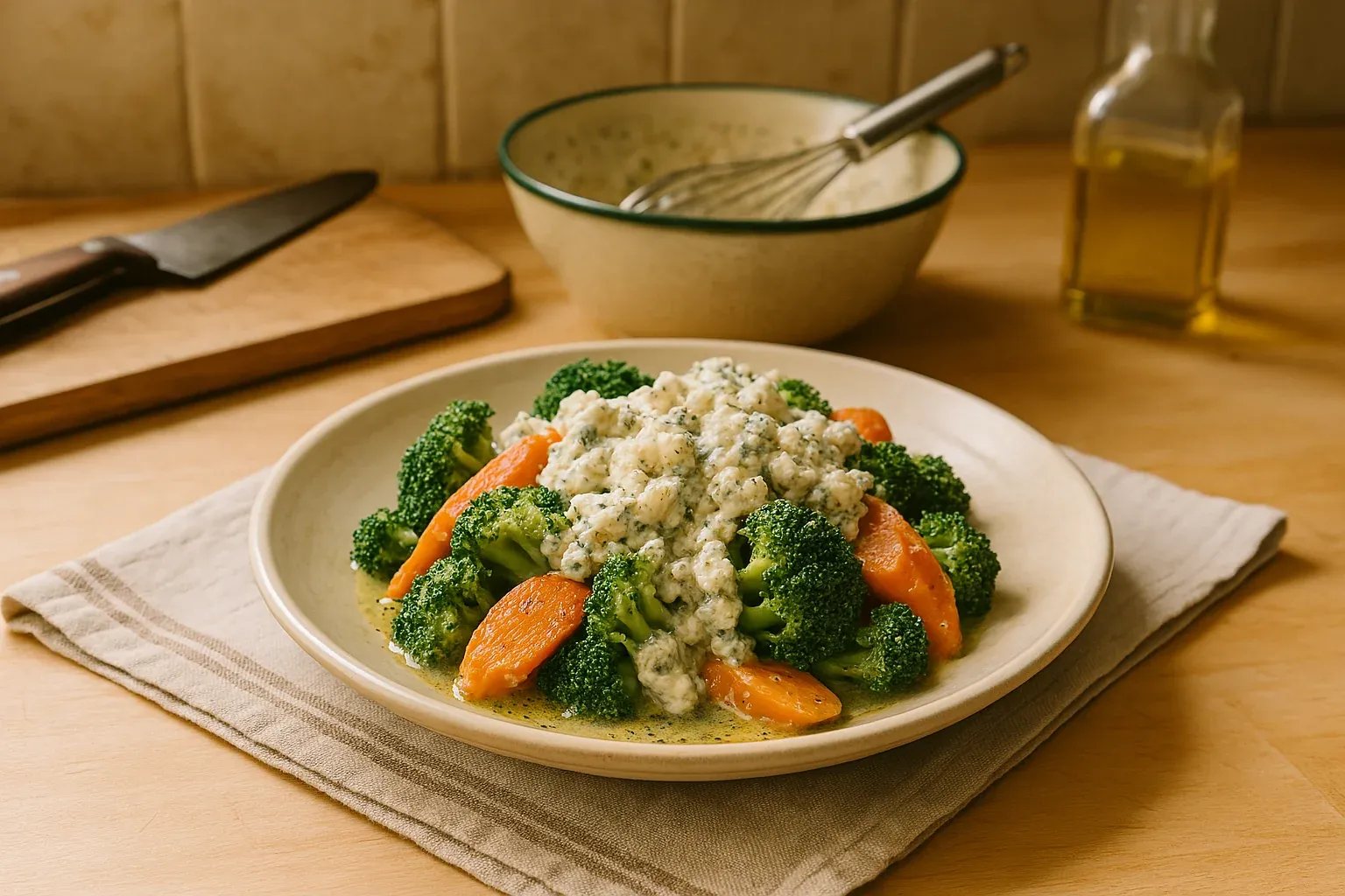 Steamed broccoli and carrots topped with creamy blue cheese dressing on a beige plate, wooden cutting board and olive oil in the background.
