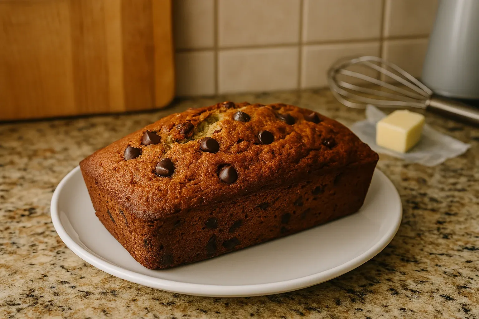 Freshly baked banana bread with chocolate chips on a white plate, set on a granite countertop with butter and a whisk in the background.