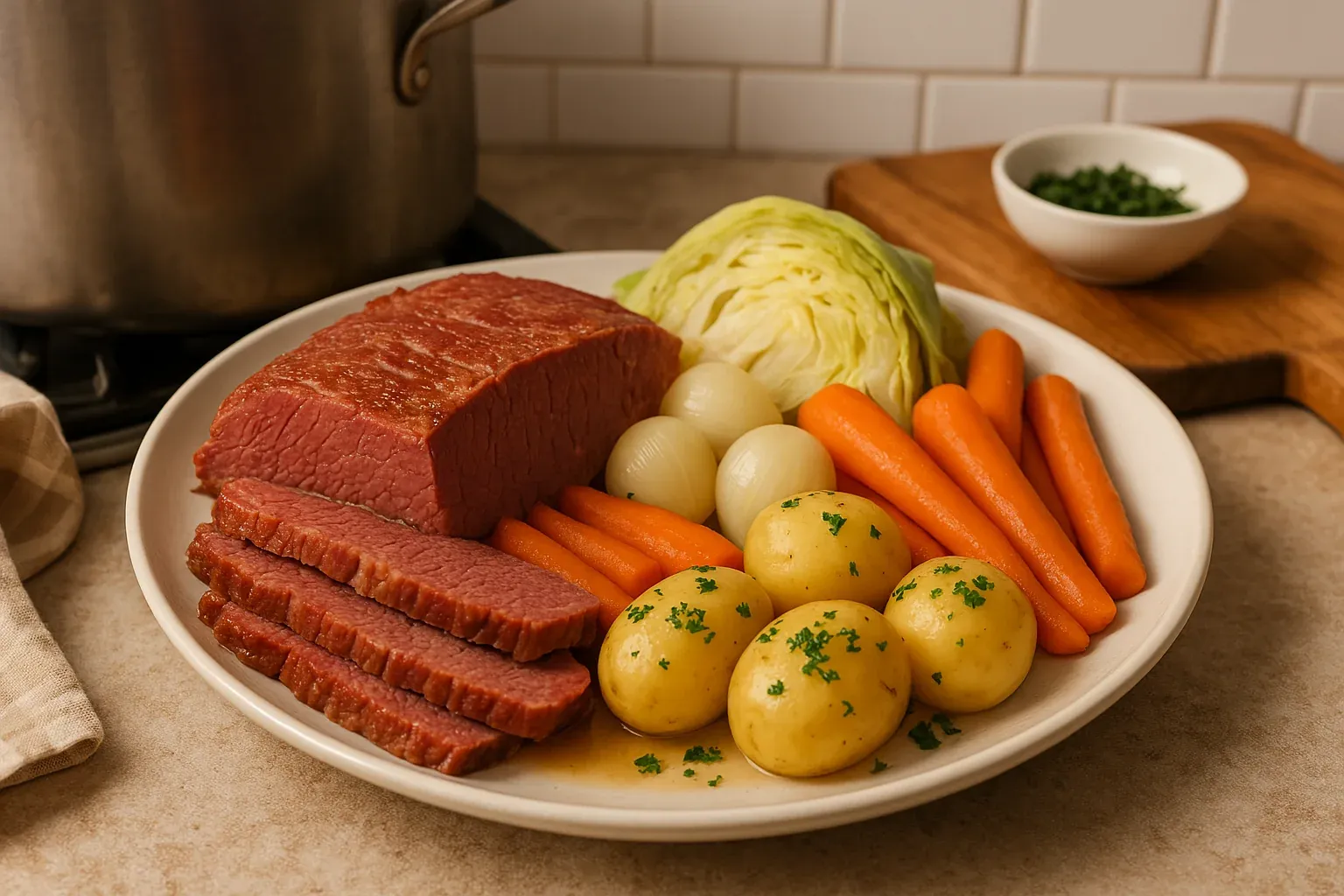 Hearty corned beef and cabbage platter with boiled potatoes, carrots, and onions, garnished with fresh parsley.