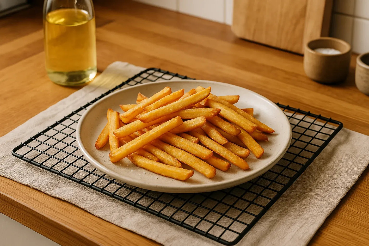 Golden, crispy French fries served on a plate, placed on a cooling rack in a kitchen setting.