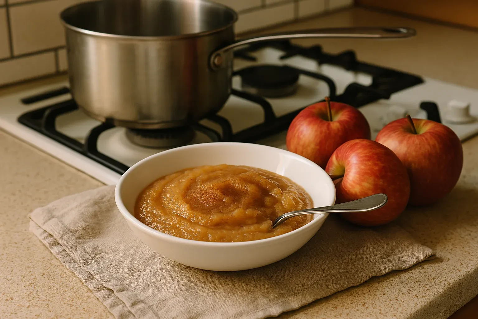 Homemade applesauce in a white bowl with fresh apples and a saucepan in the background on a kitchen countertop.
