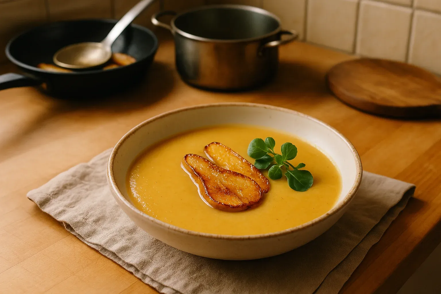 Creamy soup garnished with caramelized pear slices and fresh greens in a bowl on a wooden countertop.