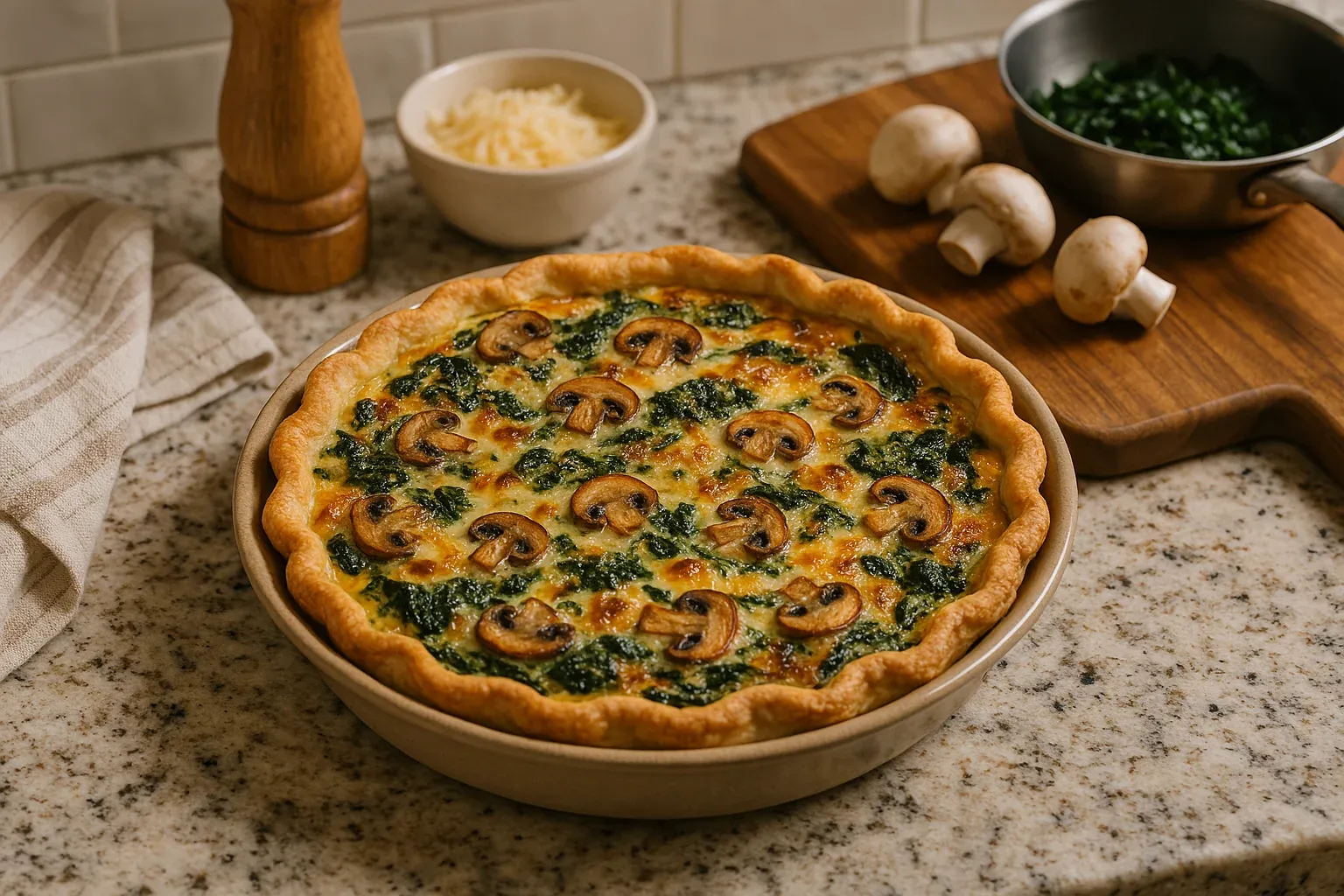 Golden mushroom and spinach quiche on granite countertop, with fresh mushrooms and cheese in the background.