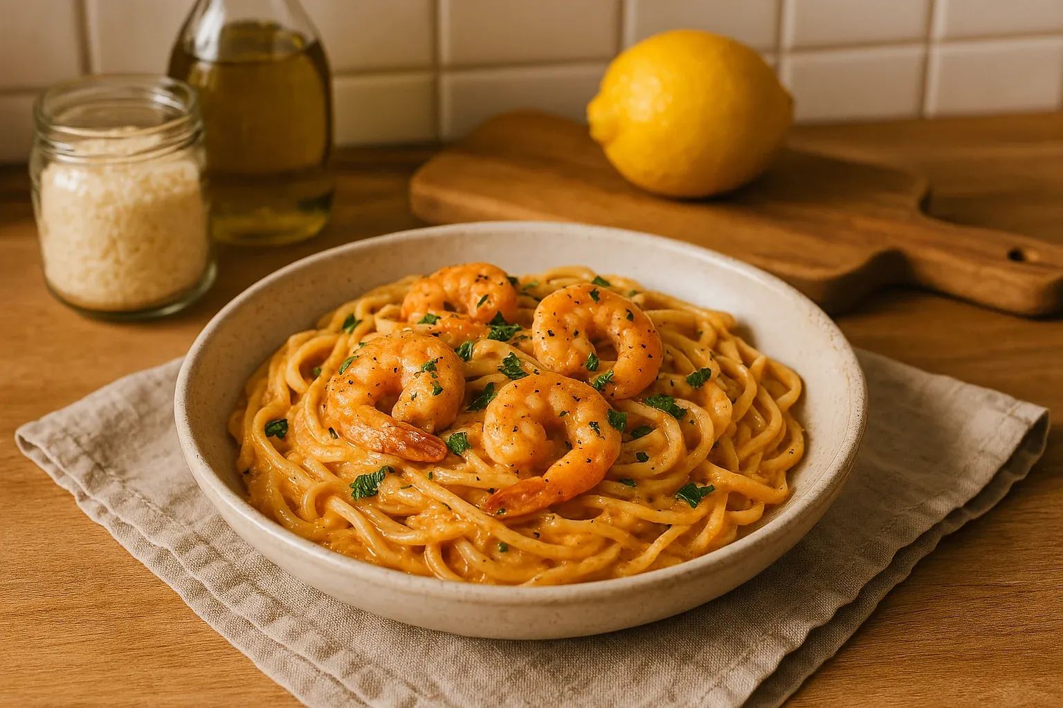 Creamy shrimp pasta garnished with herbs, with a jar of cheese, olive oil, and a lemon in the background on a wooden surface.