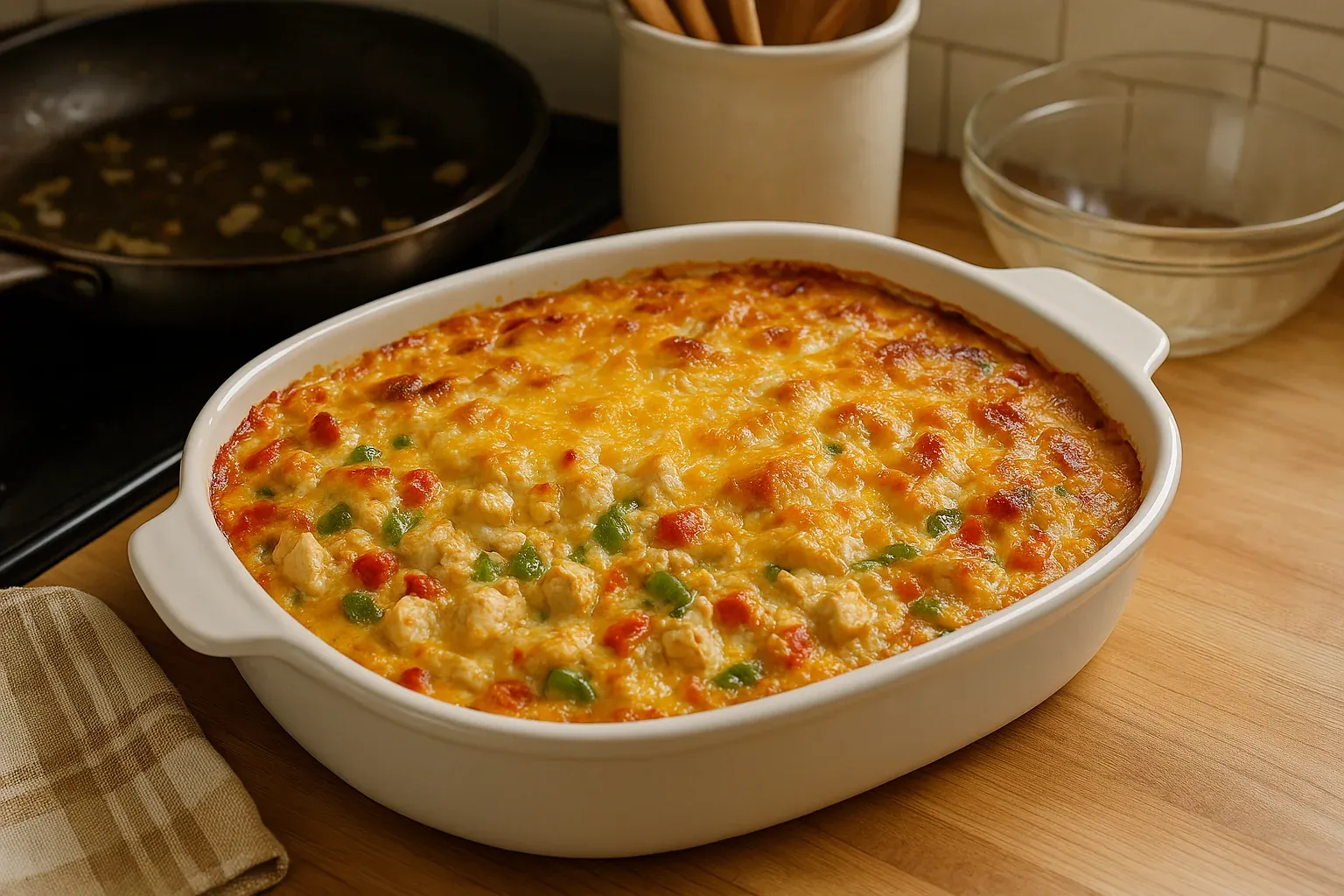 Cheesy baked casserole with colorful vegetables in a white dish on a wooden countertop, perfect for a comforting family meal.