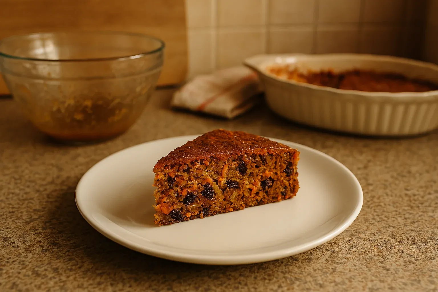 Slice of homemade carrot cake with raisins on a white plate, with the rest of the cake in a baking dish in the background.