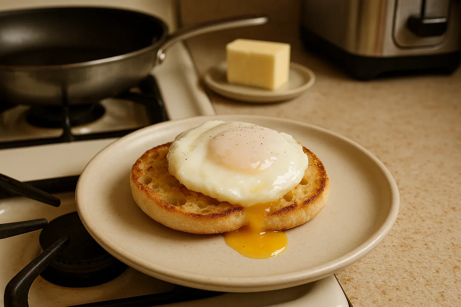 English muffin topped with a runny poached egg, with a skillet and butter in the background.