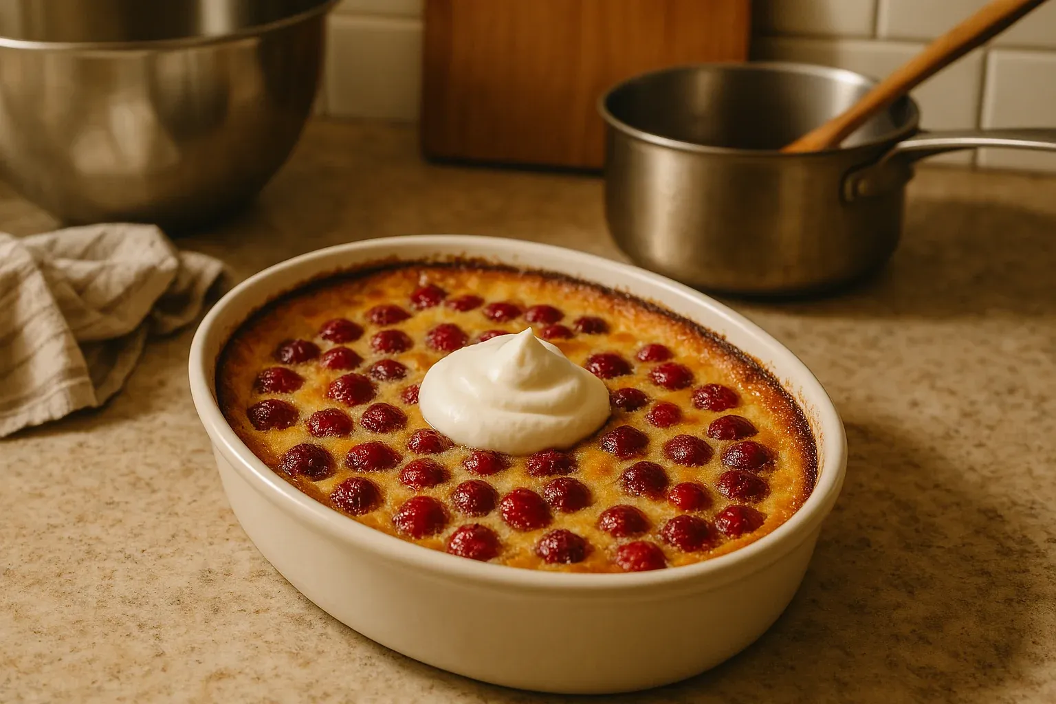 Cherry clafoutis topped with a dollop of whipped cream in a white baking dish on a kitchen countertop.