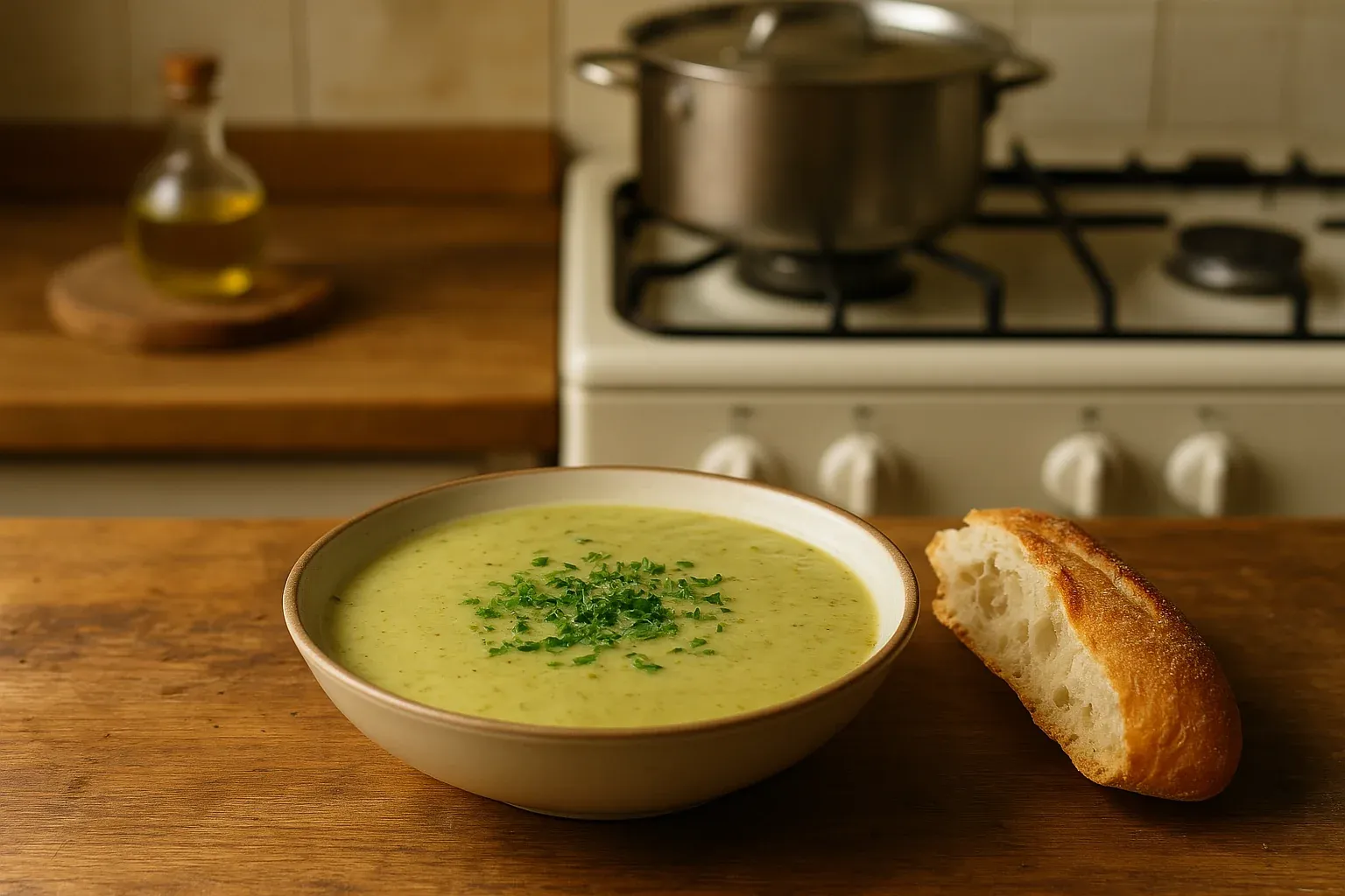 Creamy green soup garnished with fresh herbs, served with a slice of crusty bread on a wooden table near a stove.