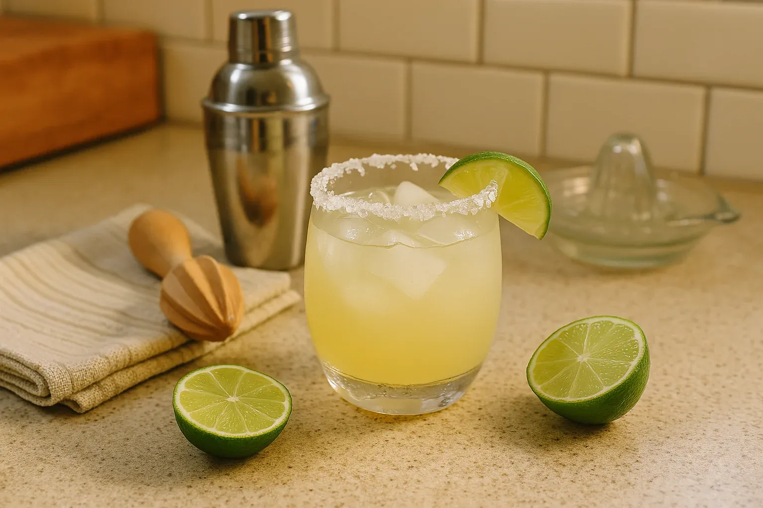 Classic margarita with salted rim and lime garnish, surrounded by fresh lime halves, a wooden citrus juicer, and a cocktail shaker.