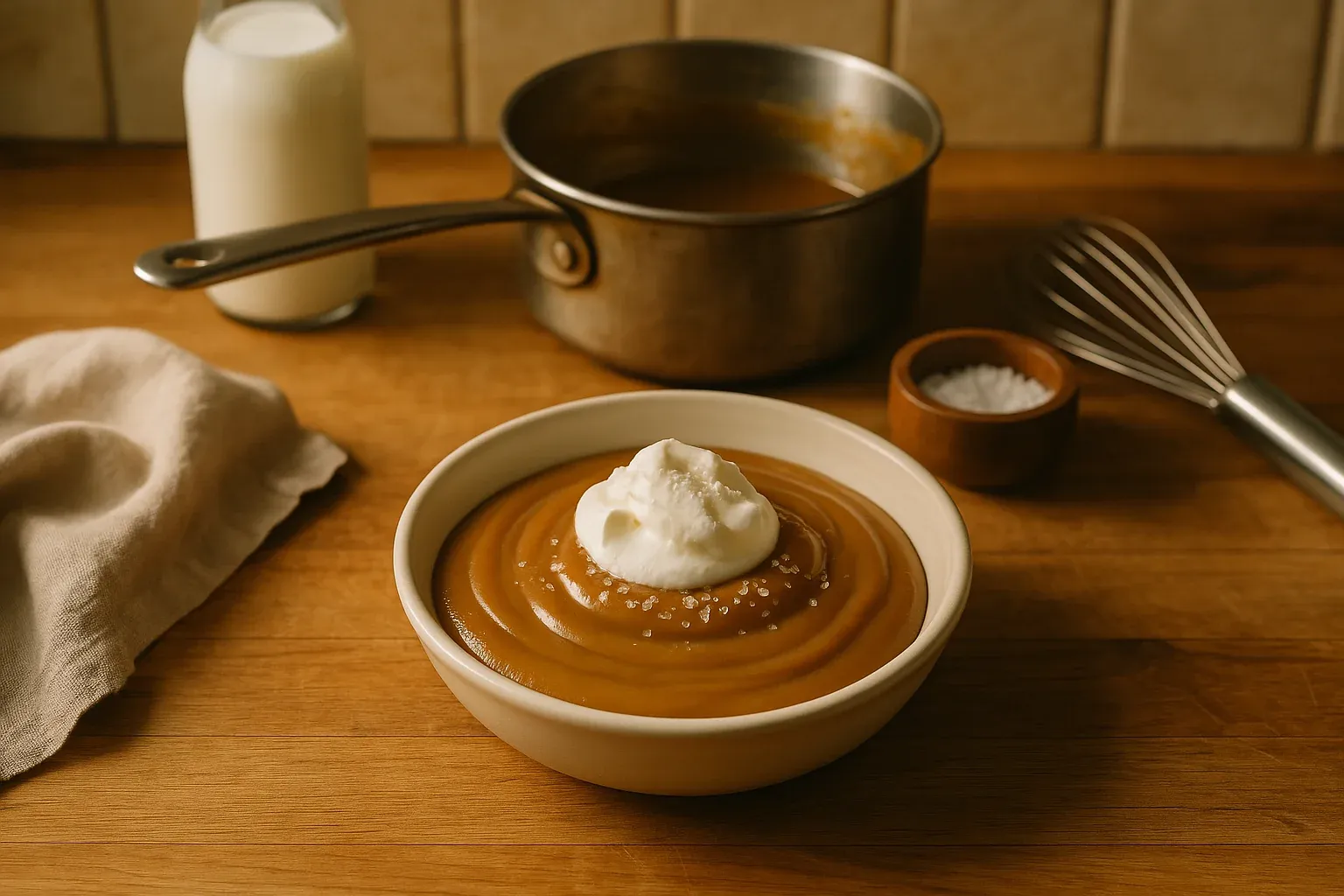 Creamy caramel pudding topped with whipped cream and a sprinkle of sea salt, with a saucepan, whisk, and milk in the background.