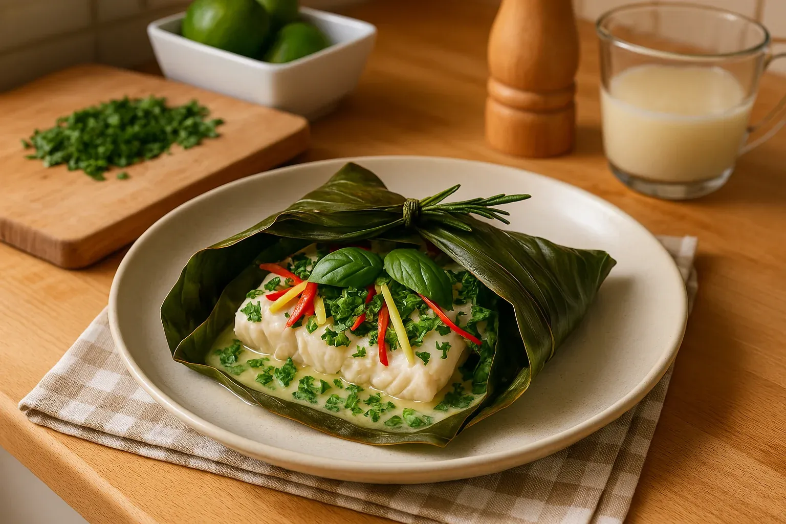 Steamed fish fillet with herbs and chili, wrapped in banana leaf, served on a plate with a checkered napkin, next to chopped greens and limes.