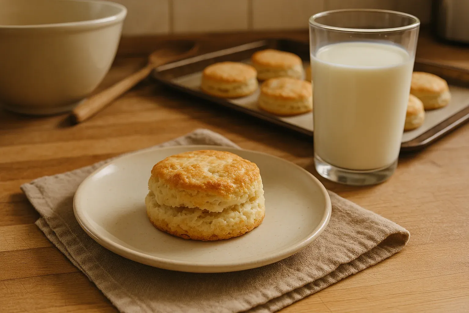 Freshly baked biscuit on a plate with a glass of milk, baking tray with more biscuits in the background.