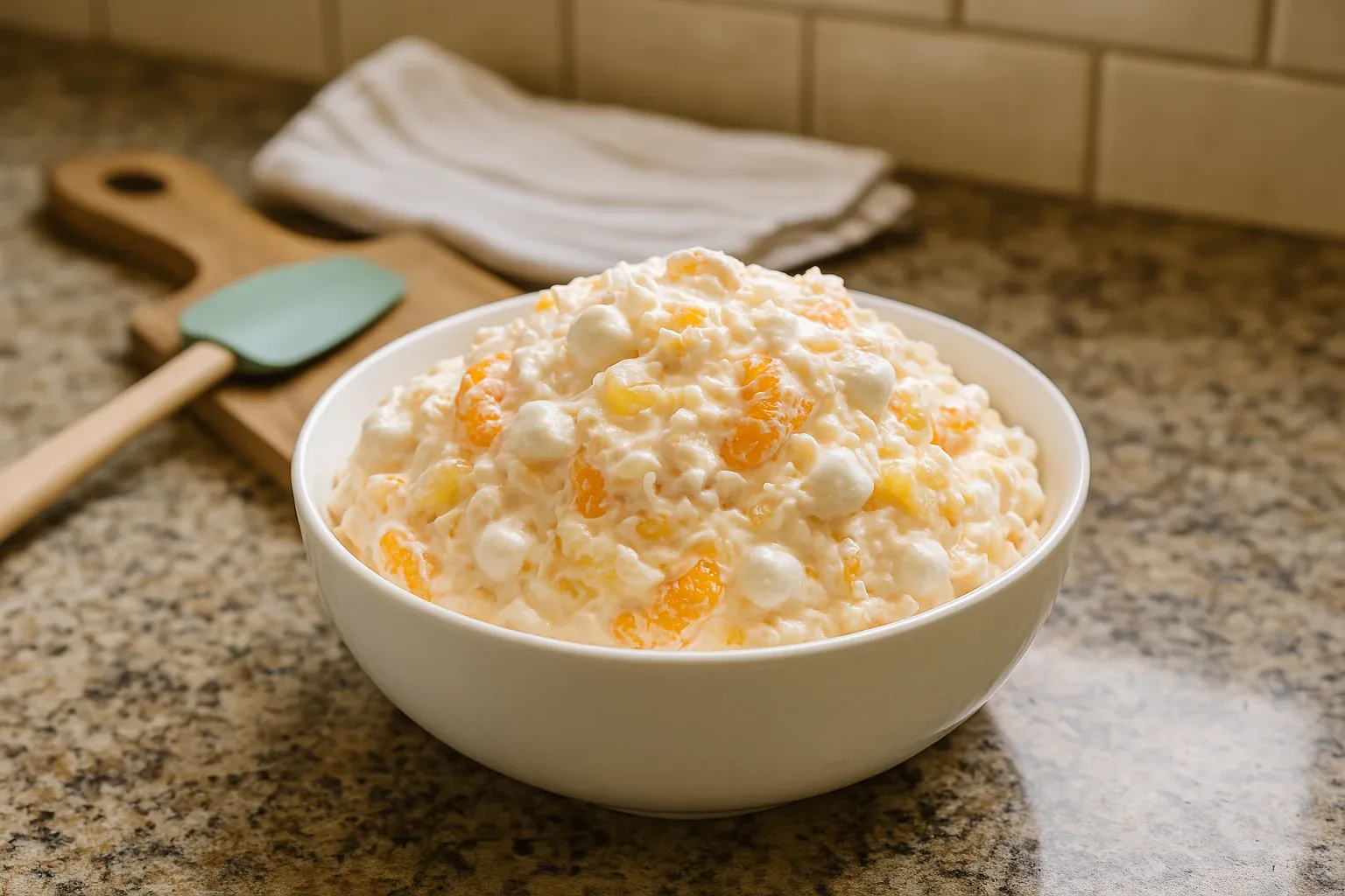 Creamy fruit salad with mandarin oranges and marshmallows in a white bowl on a kitchen countertop.