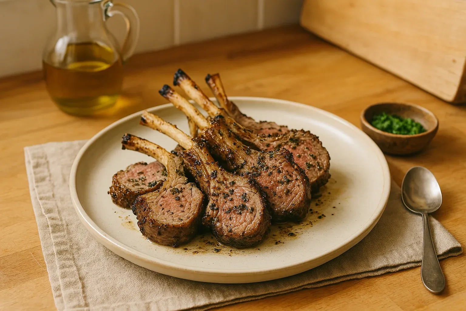 Grilled lamb chops seasoned with herbs on a white plate, accompanied by a spoon and a small bowl of green garnish.