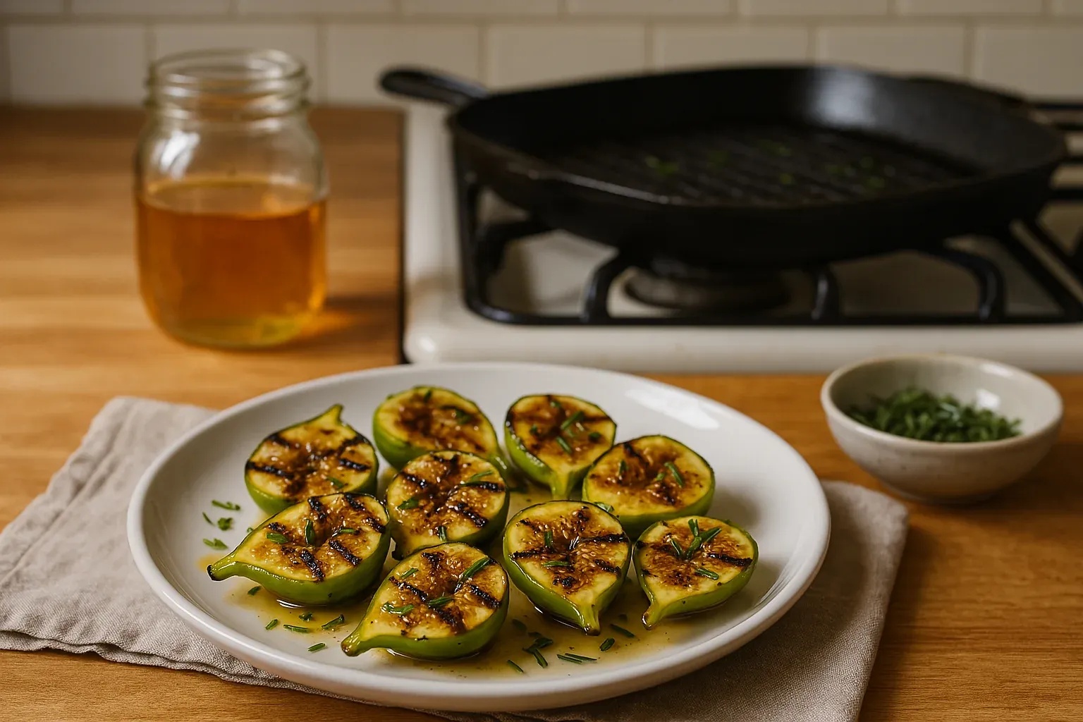 Grilled figs drizzled with honey and garnished with fresh herbs on a white plate, with a cast iron skillet and honey jar in the background.