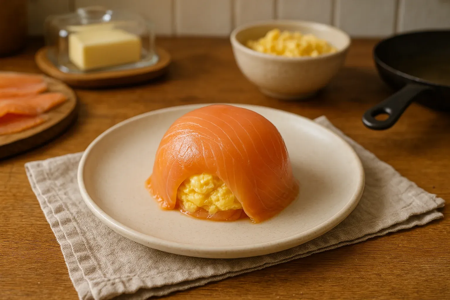 Dome of smoked salmon filled with scrambled eggs on a ceramic plate, set on a linen napkin with butter and ingredients in the background.