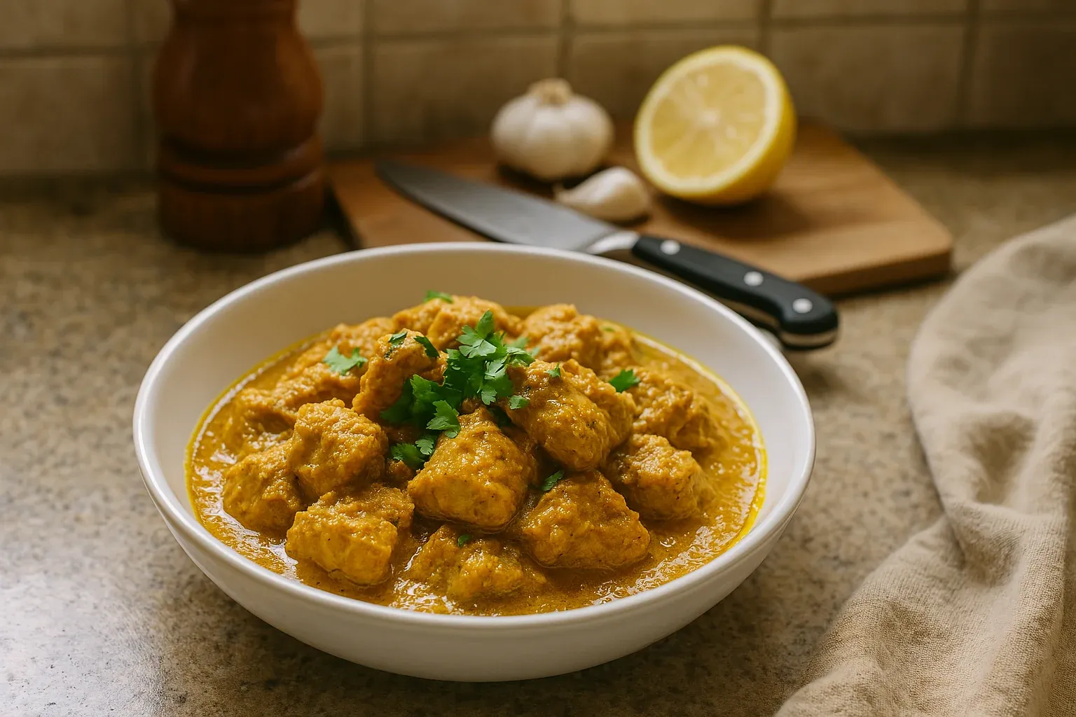Creamy chicken curry garnished with fresh cilantro, served in a white bowl with garlic, lemon, knife, and pepper grinder in the background.
