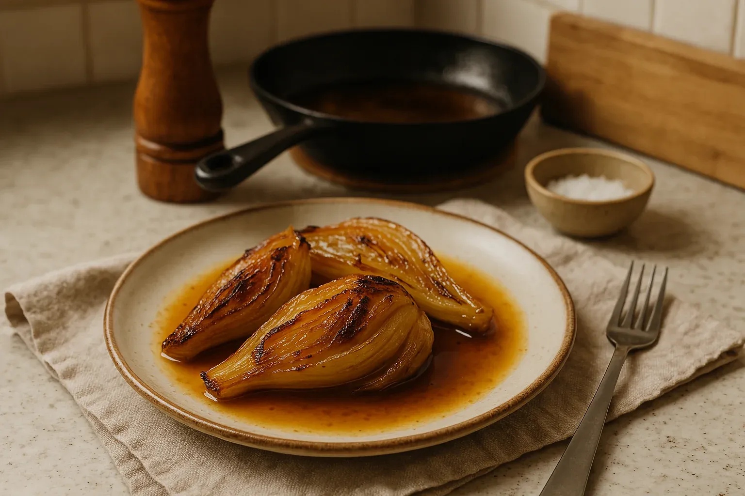 Caramelized onions on a plate with a fork, salt bowl, and pepper grinder in the background.