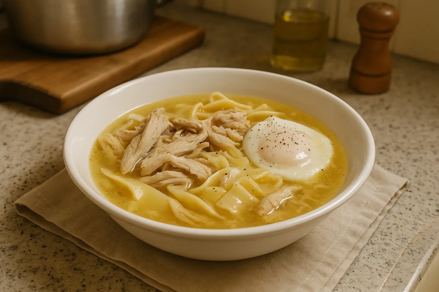 Chicken noodle soup with shredded chicken and a poached egg in a white bowl on a kitchen counter.