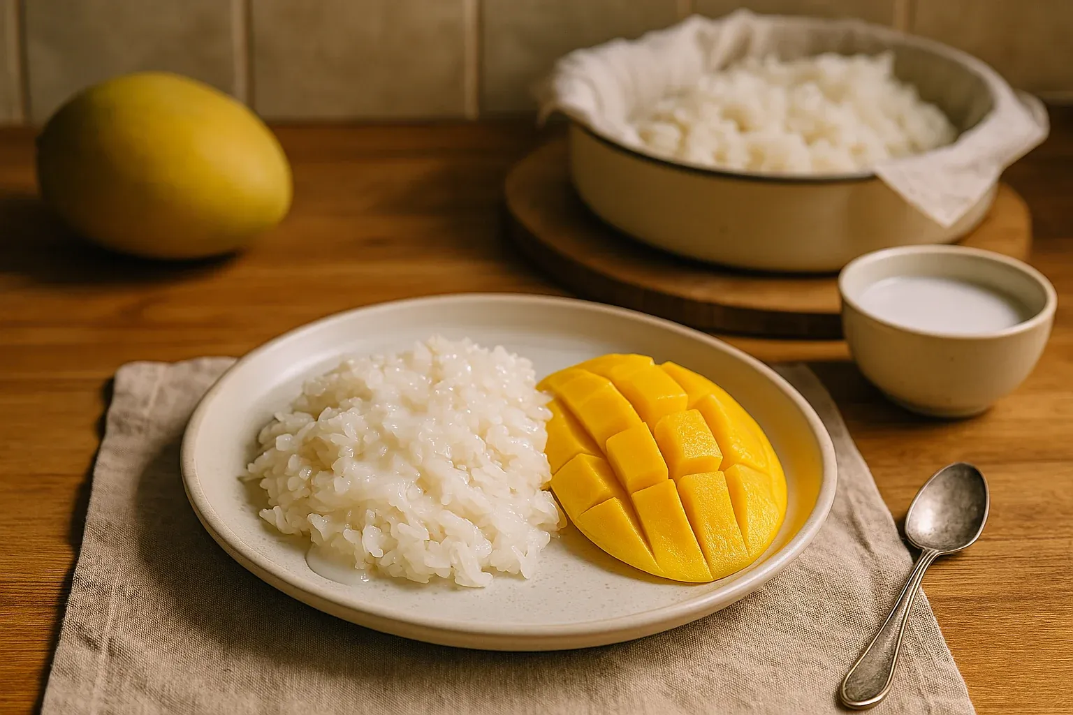 Plate of mango sticky rice with sliced mango, creamy coconut sauce, and a spoon, set on a wooden table with a whole mango in the background.