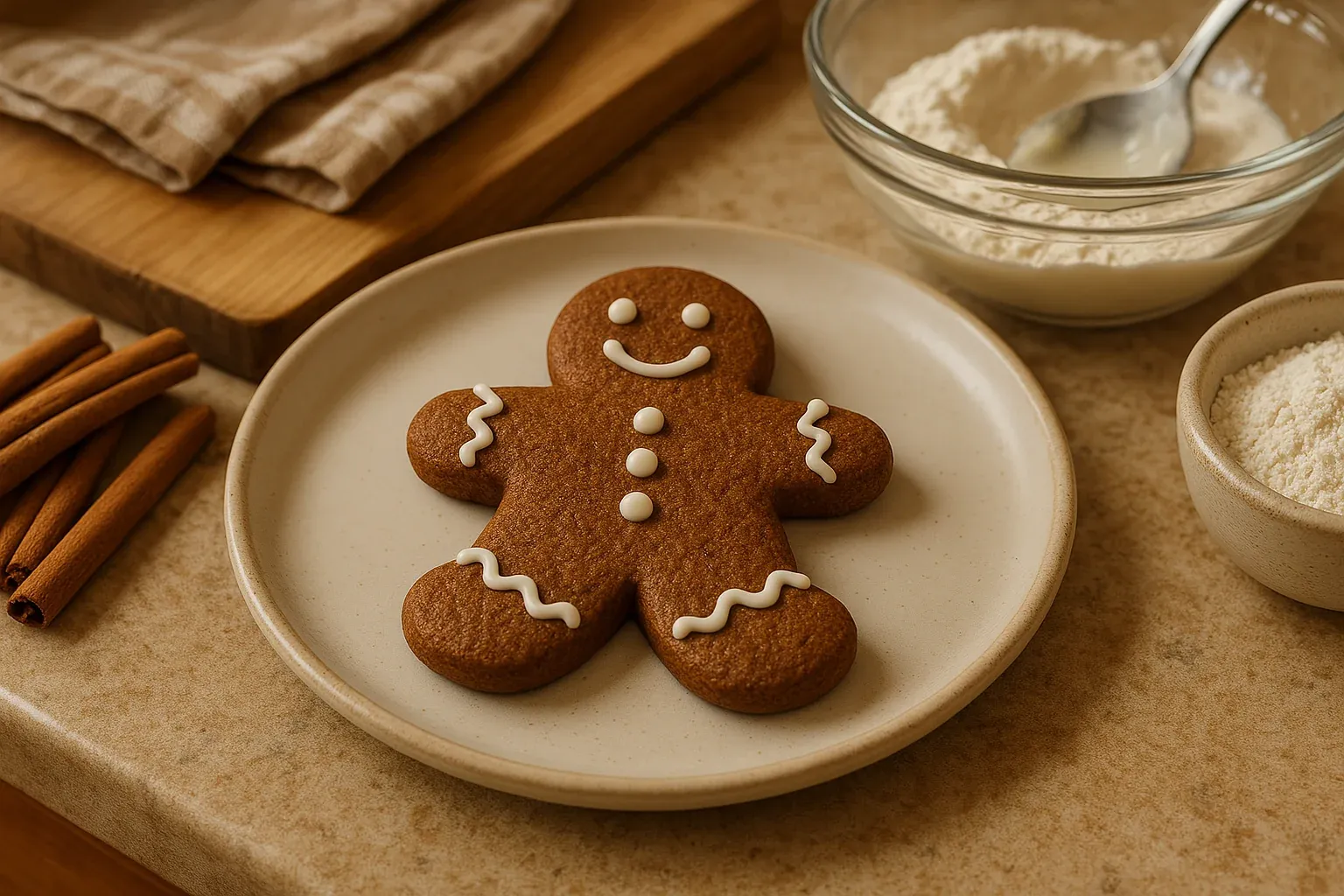 Smiling gingerbread man cookie on a plate with cinnamon sticks and baking ingredients in the background.