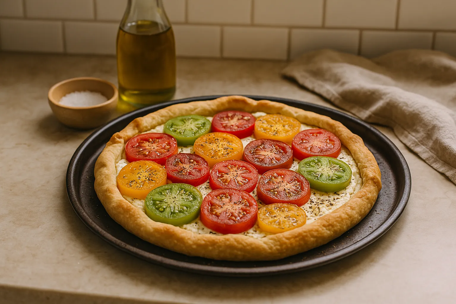 Tomato tart with colorful tomato slices on a flaky crust, accompanied by olive oil and salt on a kitchen counter.