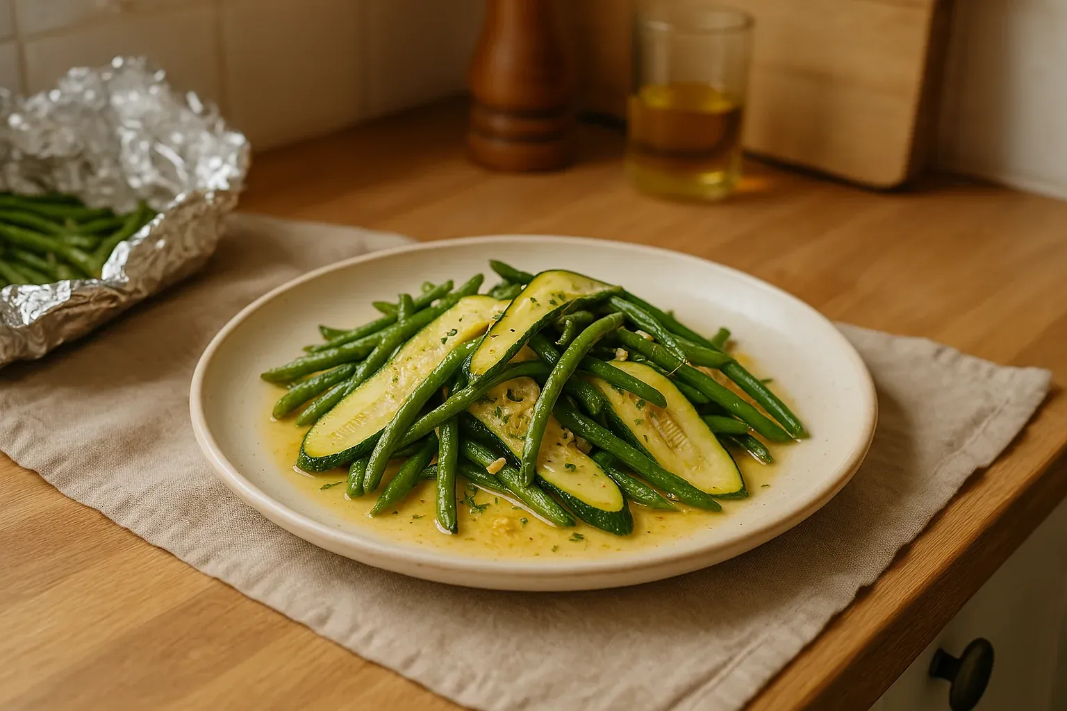Plate of steamed green beans and zucchini slices drizzled with olive oil on a kitchen countertop.