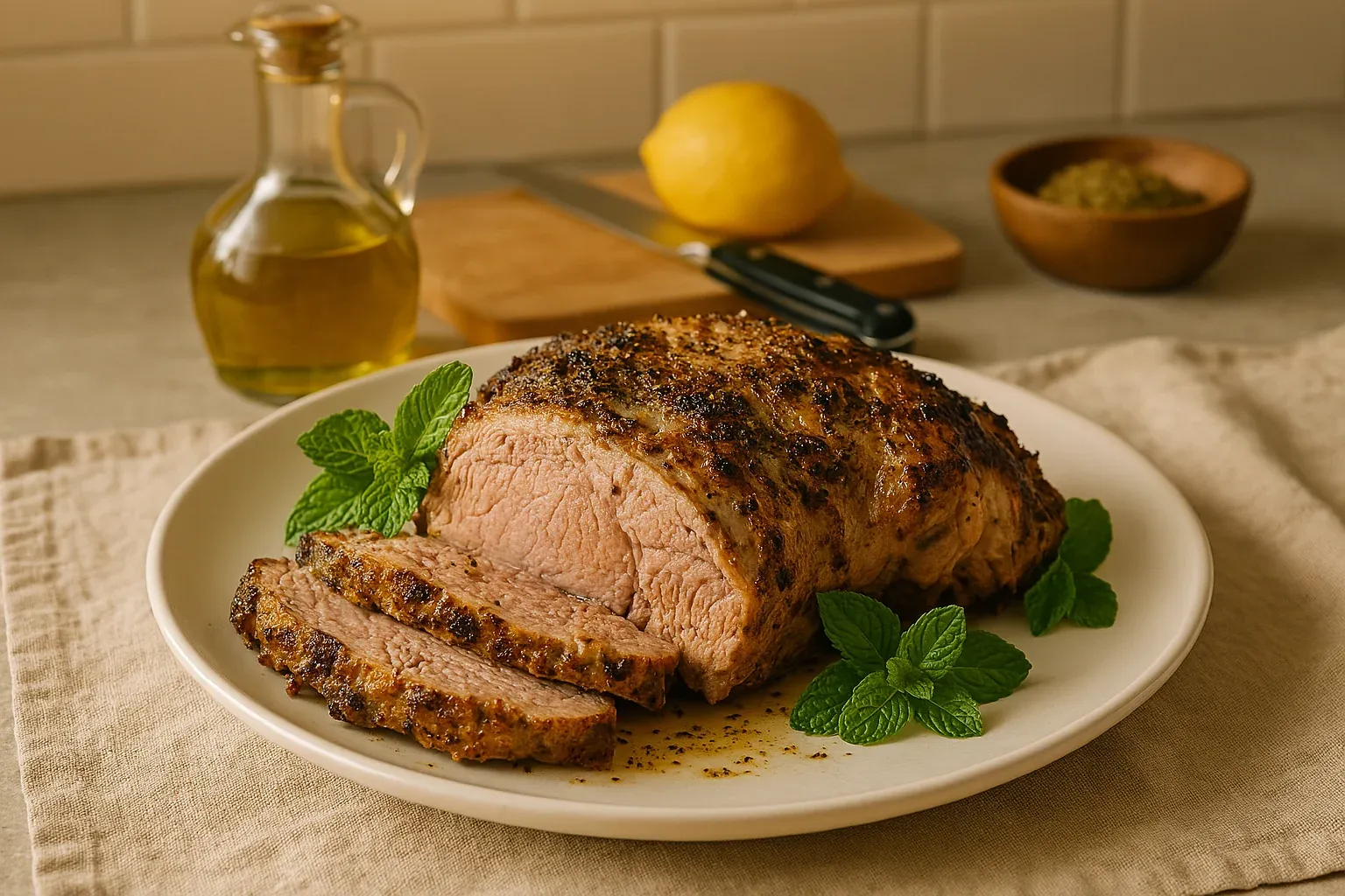 Perfectly roasted beef garnished with fresh mint leaves, served on a white plate with lemon, olive oil, and spices in the background.