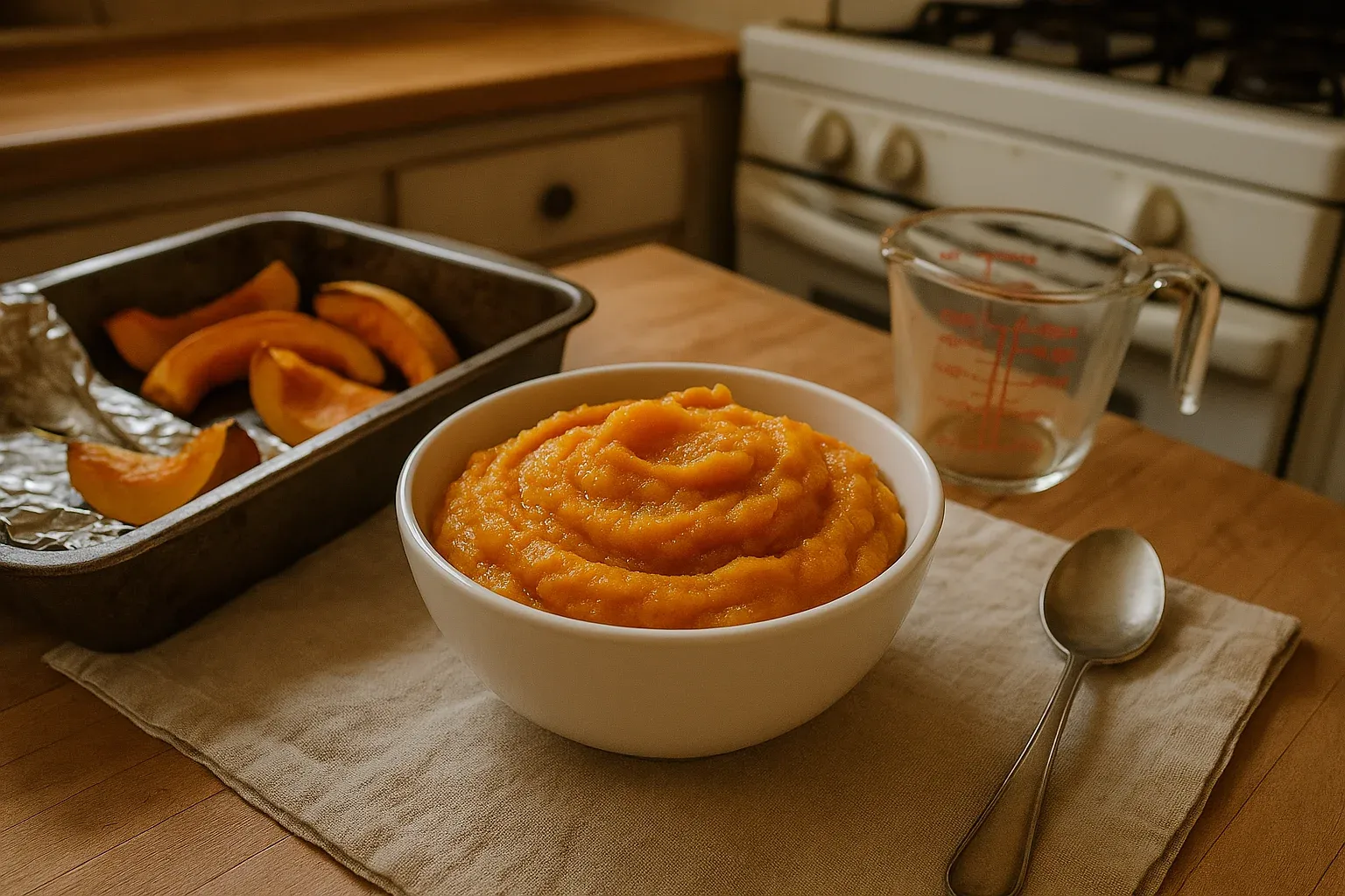 Homemade pumpkin puree in a white bowl with roasted pumpkin slices in a baking tray, measuring cup, and spoon on a wooden counter.