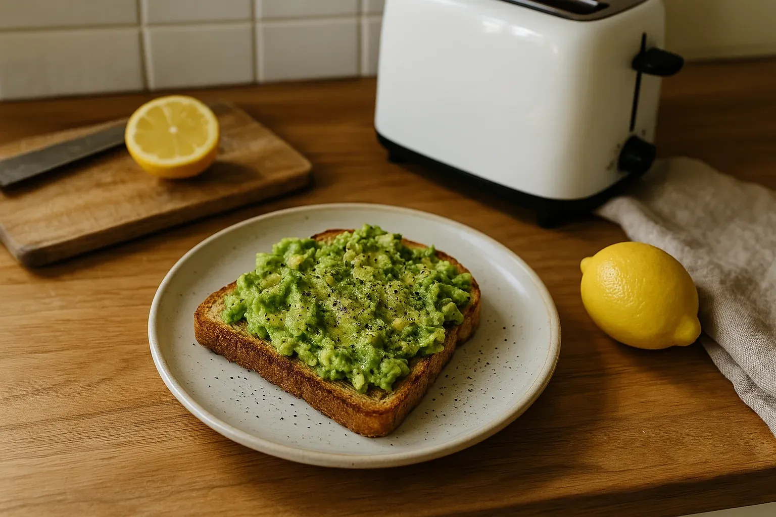 Avocado toast topped with crushed avocado and black pepper, placed next to lemons and a toaster on a wooden kitchen counter.