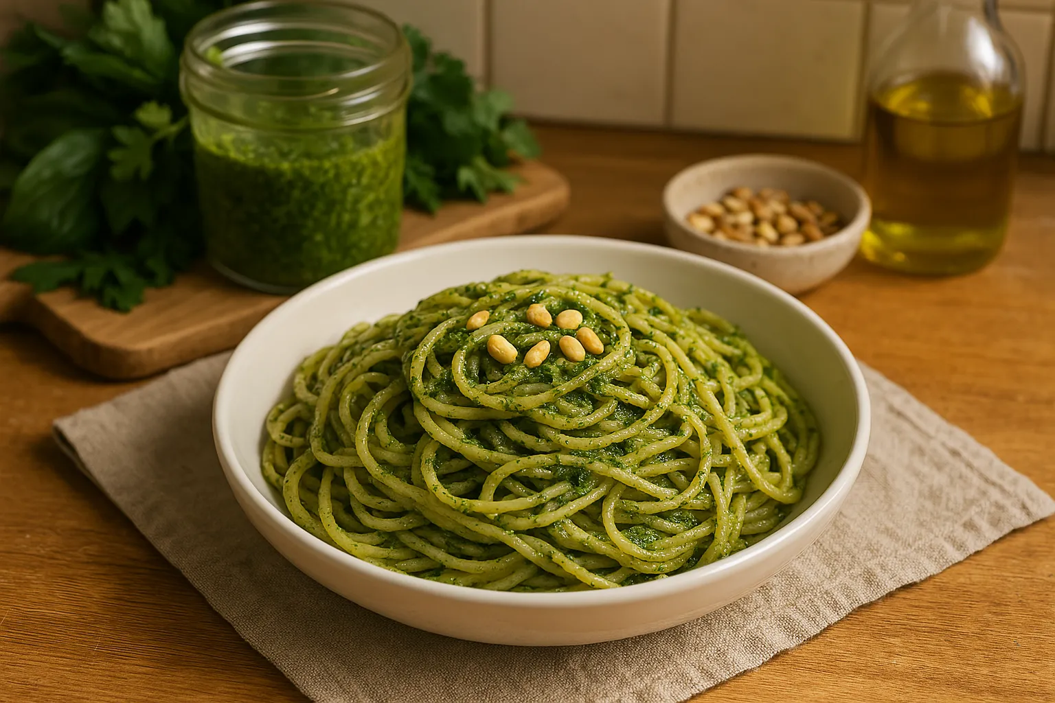 A bowl of spaghetti topped with fresh green pesto sauce and pine nuts, accompanied by a jar of pesto, fresh herbs, and olive oil.