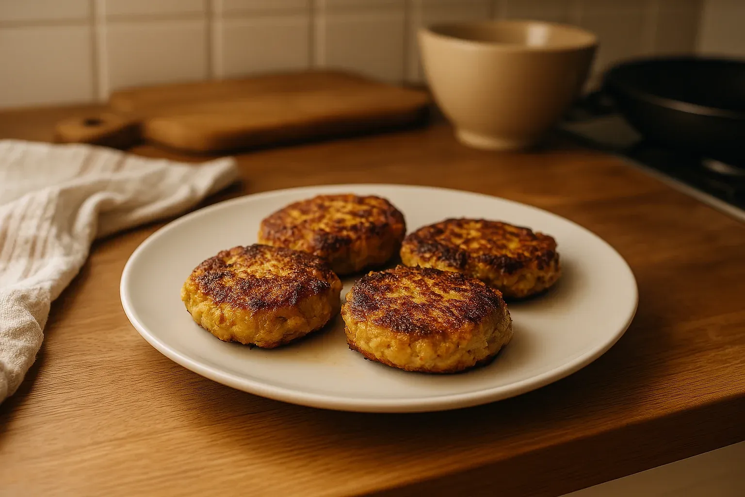 Four golden-brown fish cakes on a white plate, placed on a wooden kitchen counter.