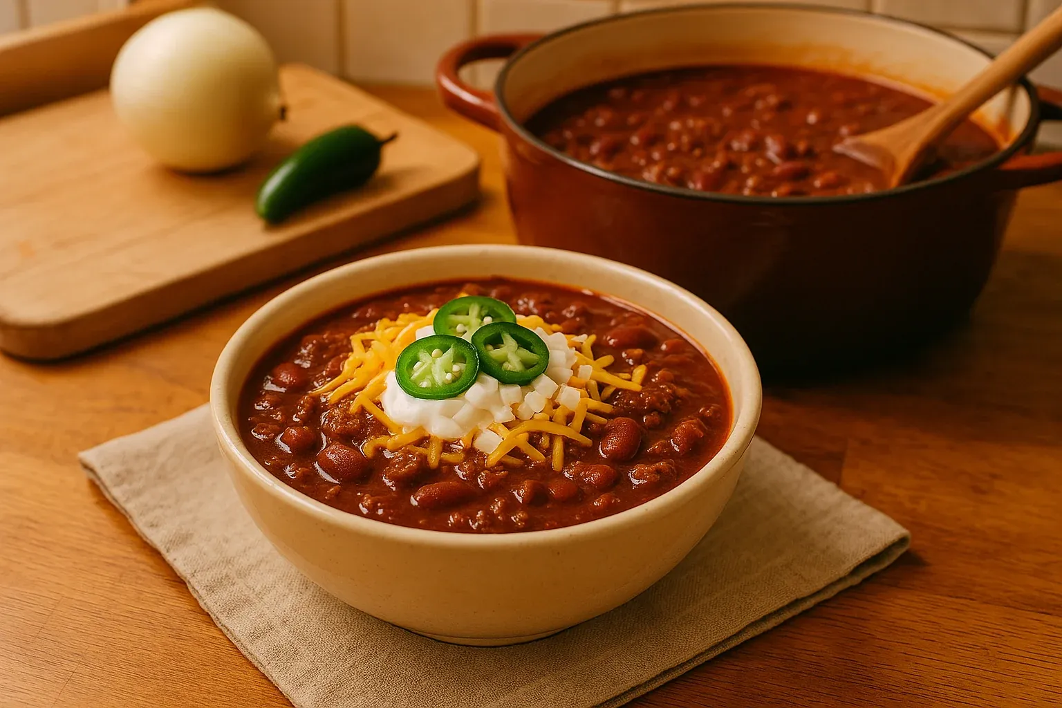 Bowl of chili topped with shredded cheese, sour cream, and sliced jalapeños, with a pot of chili, onion, and jalapeño in the background.