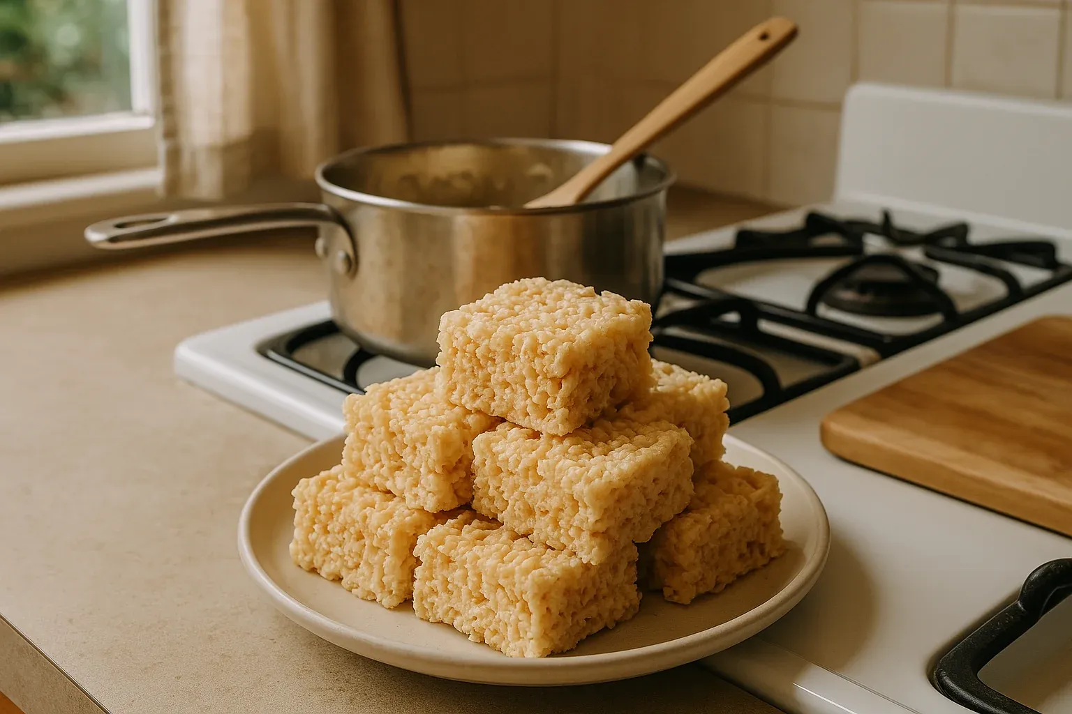 Plate of homemade Rice Krispies treats stacked in a kitchen, with a saucepan and wooden spoon in the background.