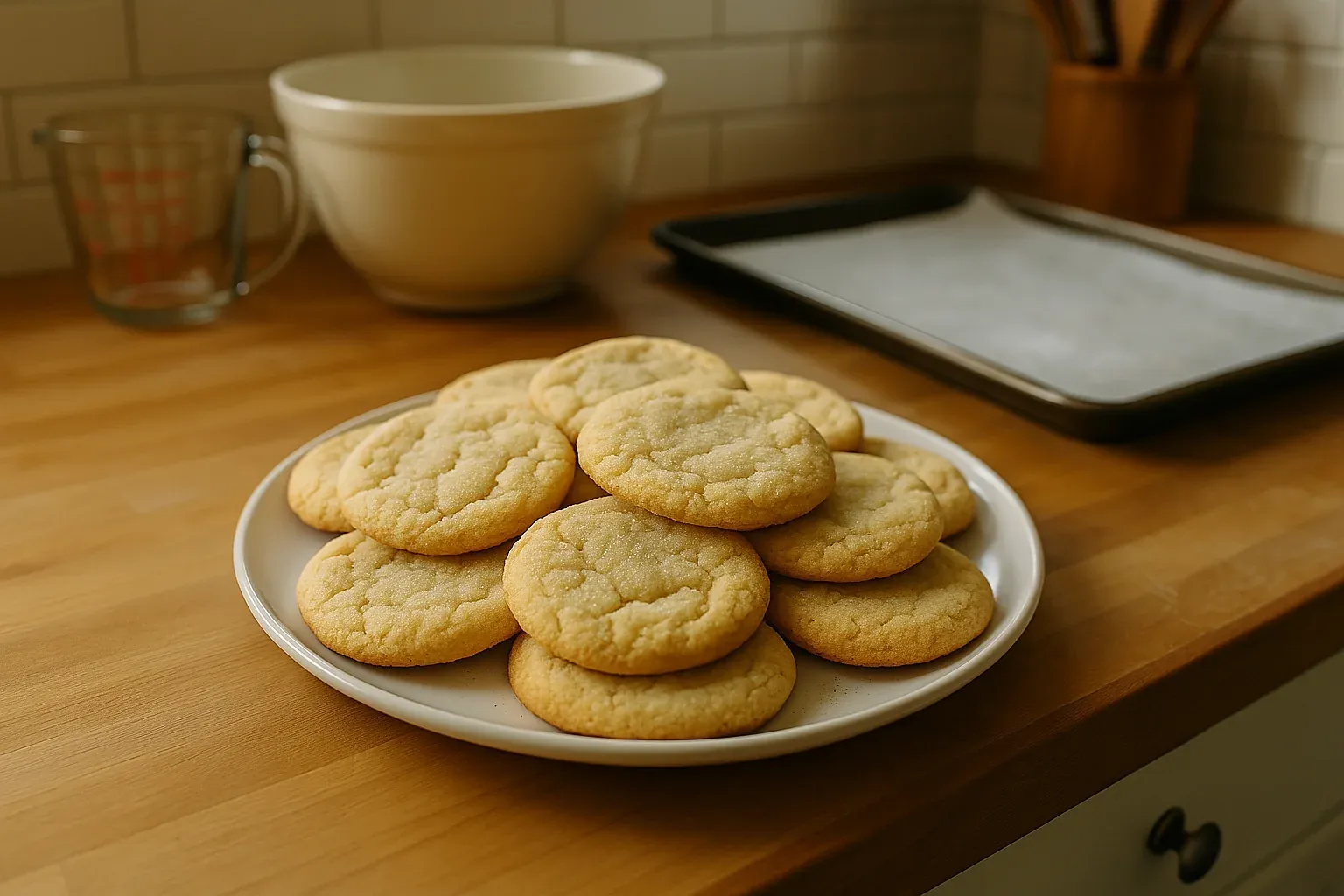 Plate of homemade sugar cookies on a wooden countertop with baking tools in the background.