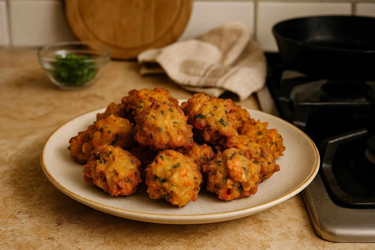A plate of golden-brown, crispy vegetable fritters with herbs, placed on a kitchen counter near a stove and a bowl of chopped green herbs.