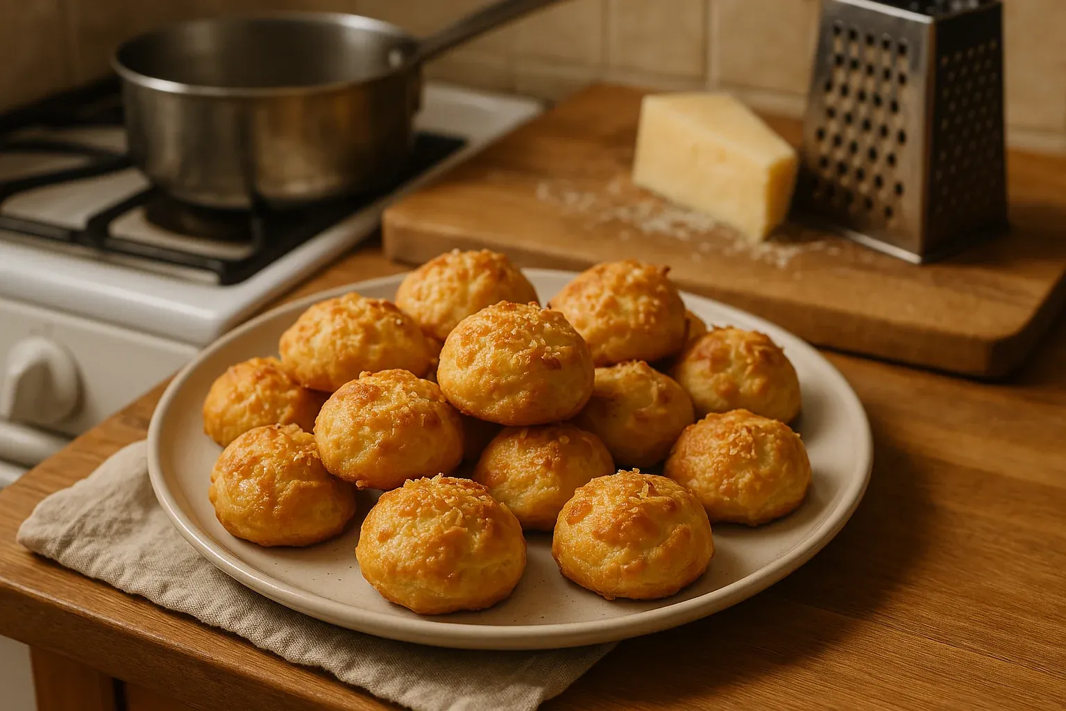 Golden-brown cheese puffs on a plate in a cozy kitchen setting with a cheese grater and a block of cheese in the background.