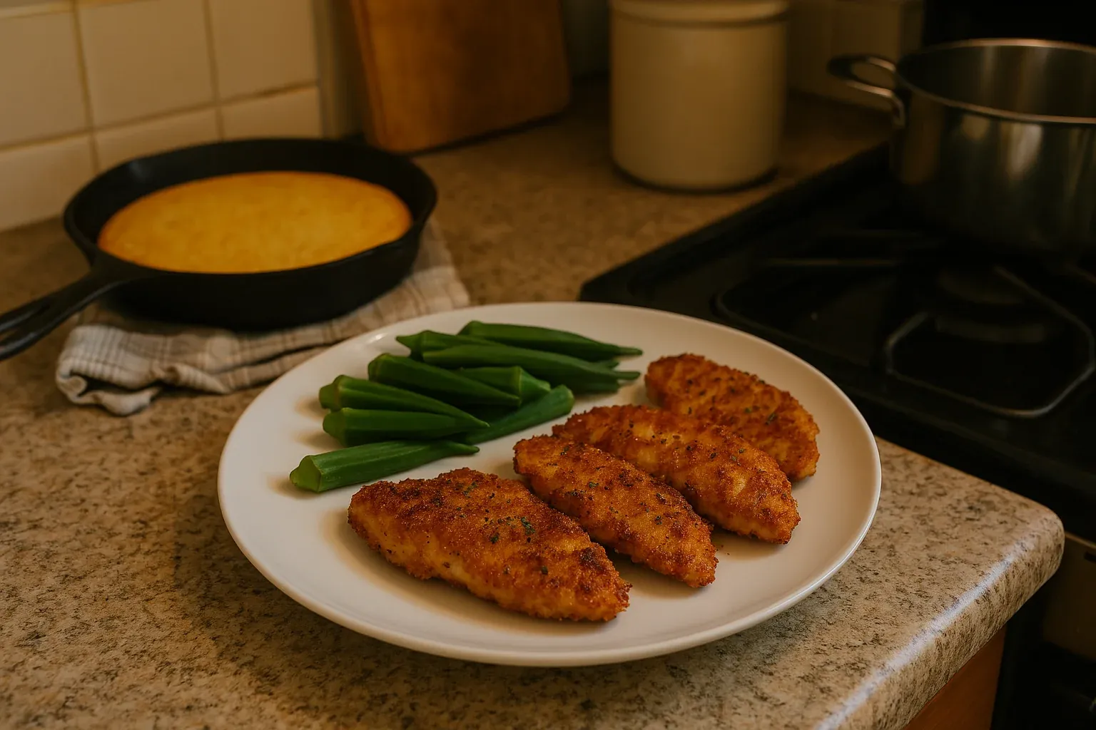 Plate with breaded chicken tenders and green beans, cornbread skillet in the background on a kitchen counter.