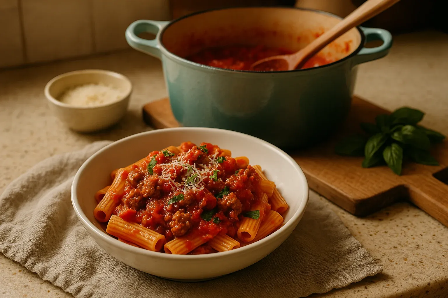 Rigatoni pasta with tomato and meat sauce garnished with parsley and Parmesan, served in a white bowl with a pot of sauce in the background.