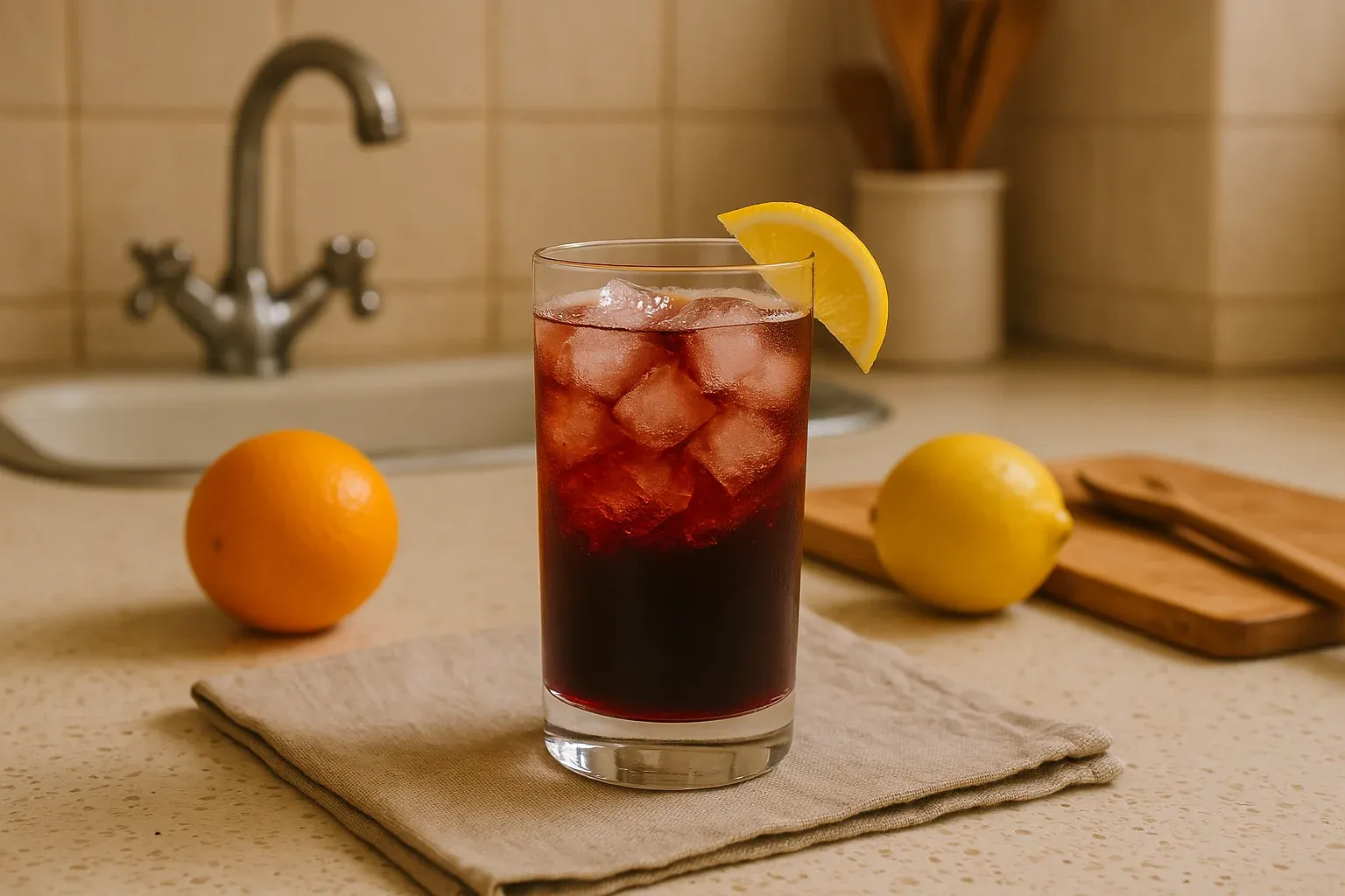 Iced tea garnished with a lemon wedge, surrounded by a lemon and an orange on a kitchen counter.